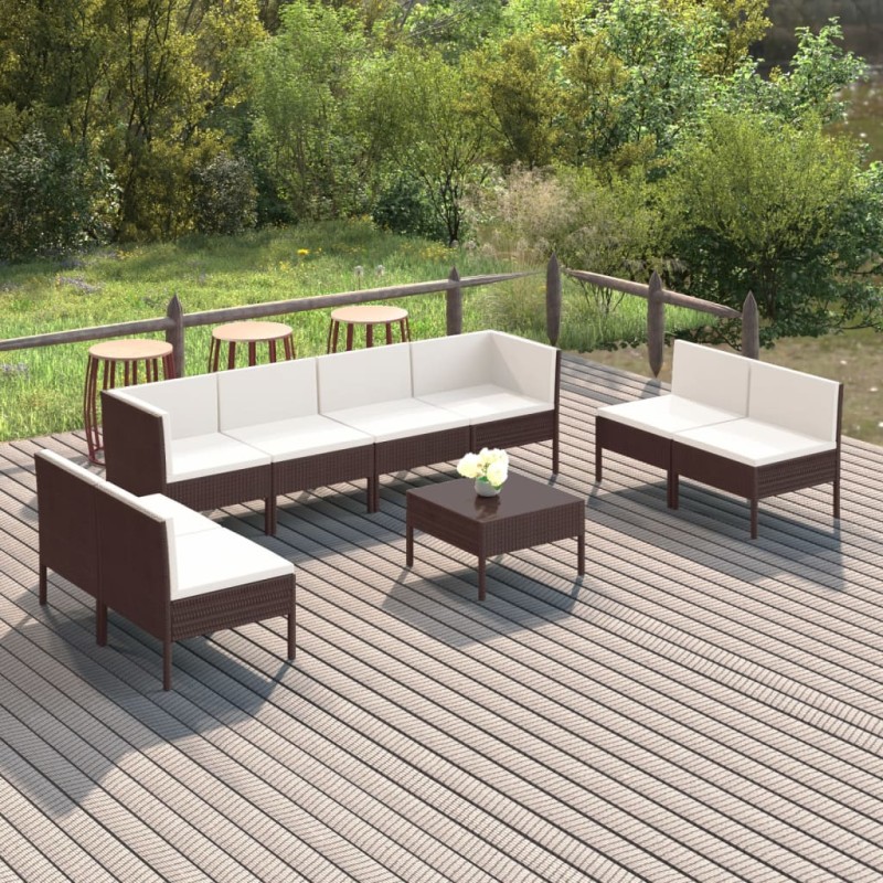 vidaXL Set muebles de jardín 9 pzas y cojines ratán sintético marrón vidaXL Set muebles de jardín 9 pzas y cojines ratán sintético marrón