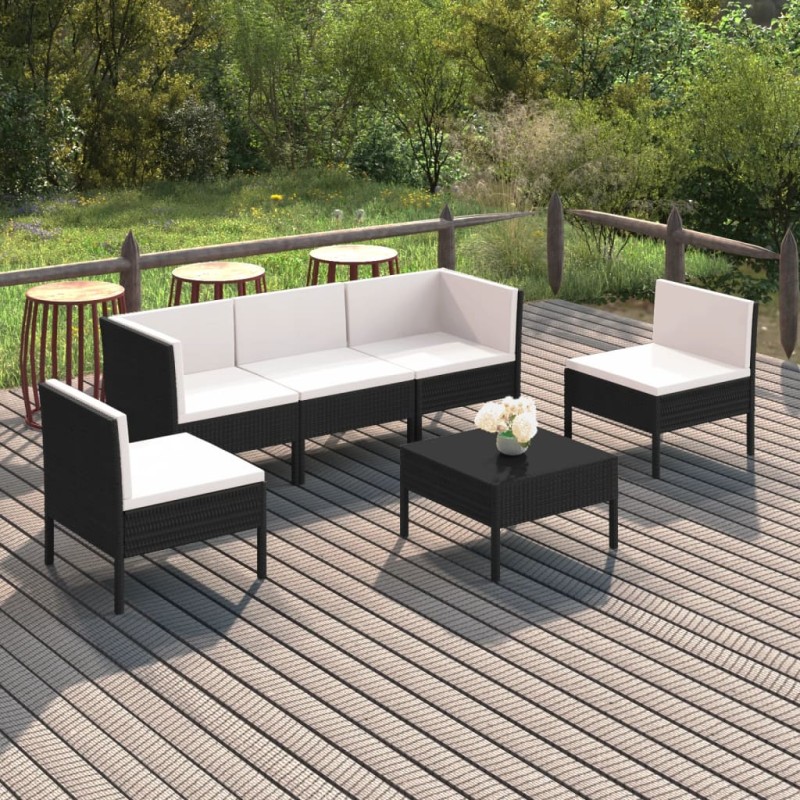 vidaXL Set de muebles de jardín 6 pzas y cojines ratán sintético negro vidaXL Set de muebles de jardín 6 pzas y cojines ratán sintético negro