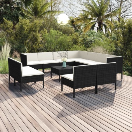 vidaXL Set muebles de jardín 12 pzas y cojines ratán sintético negro