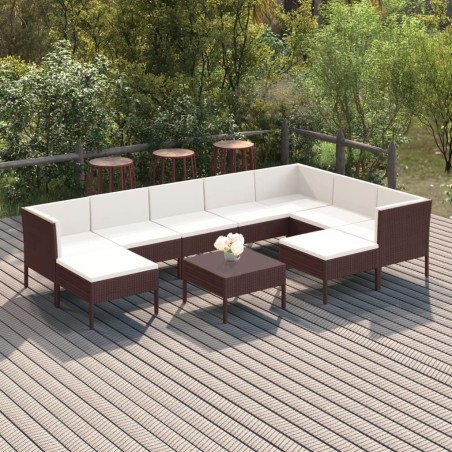 vidaXL Set muebles de jardín 10 pzas y cojines ratán sintético marrón
