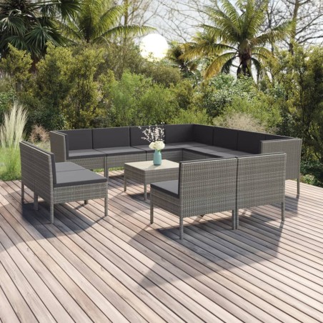 vidaXL Set de muebles de jardín 12 pzas y cojines ratán sintético gris