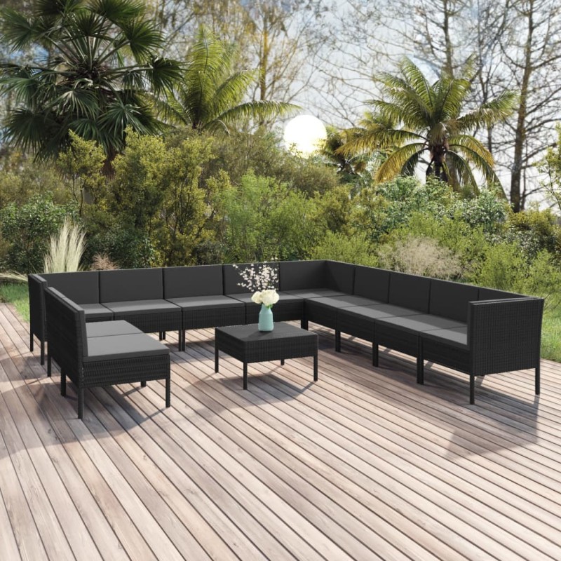 vidaXL Set muebles de jardín 12 pzas y cojines ratán sintético negro vidaXL Set muebles de jardín 12 pzas y cojines ratán sintético negro