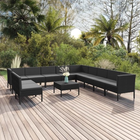 vidaXL Set muebles de jardín 12 pzas y cojines ratán sintético negro