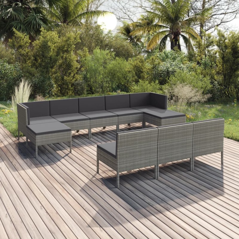 vidaXL Set de muebles de jardín 10 pzas y cojines ratán sintético gris vidaXL Set de muebles de jardín 10 pzas y cojines ratán sintético gris