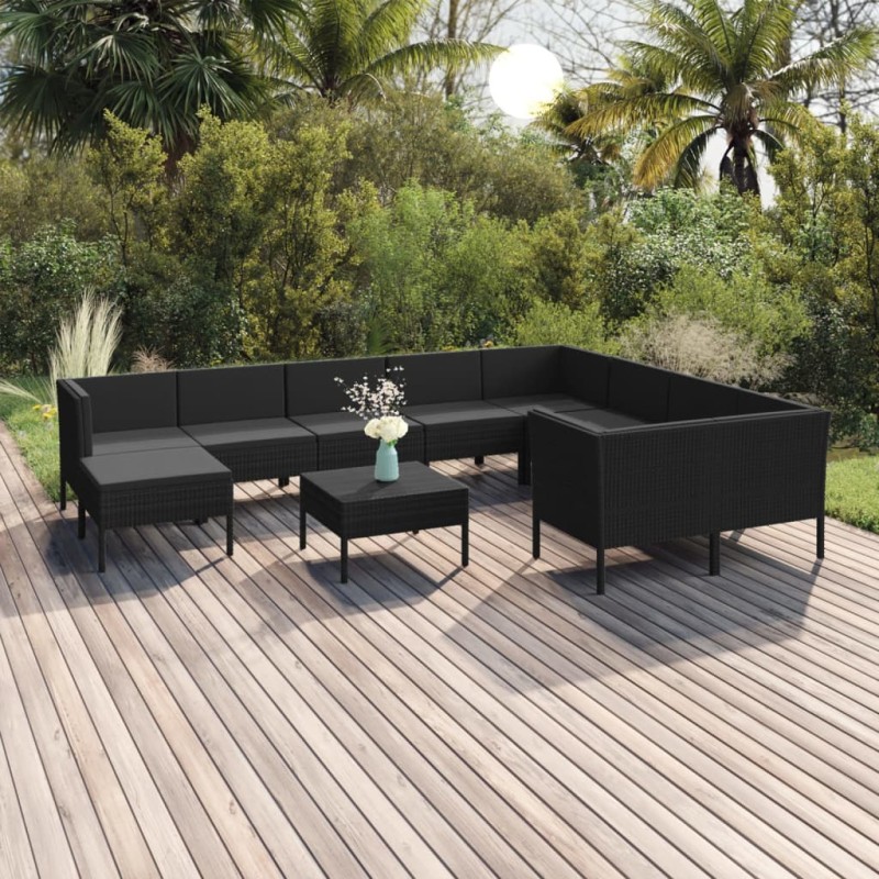 vidaXL Set muebles de jardín 11 pzas y cojines ratán sintético negro vidaXL Set muebles de jardín 11 pzas y cojines ratán sintético negro
