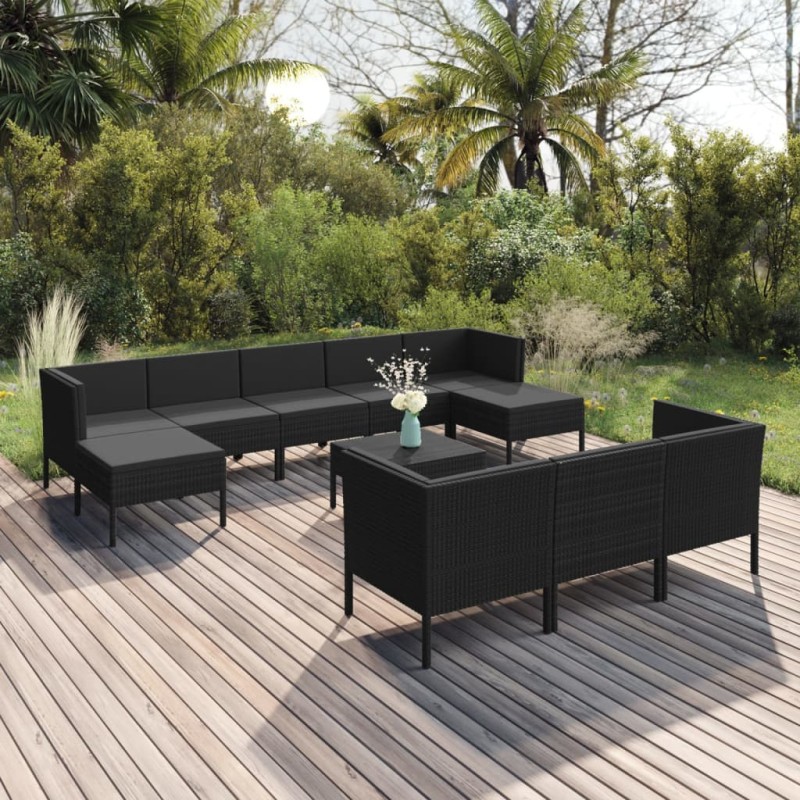 vidaXL Set muebles de jardín 11 pzas y cojines ratán sintético negro vidaXL Set muebles de jardín 11 pzas y cojines ratán sintético negro