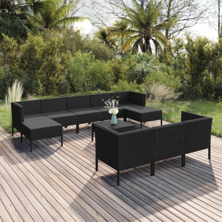 vidaXL Set muebles de jardín 11 pzas y cojines ratán sintético negro