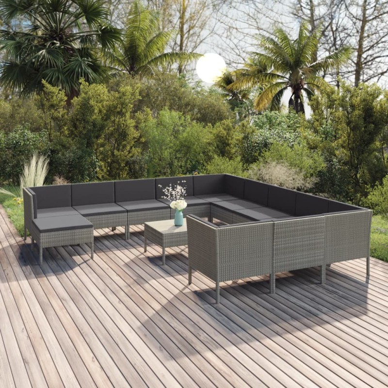 vidaXL Set de muebles de jardín 13 pzas y cojines ratán sintético gris vidaXL Set de muebles de jardín 13 pzas y cojines ratán sintético gris