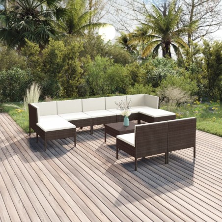 vidaXL Set muebles de jardín 10 pzas y cojines ratán sintético marrón