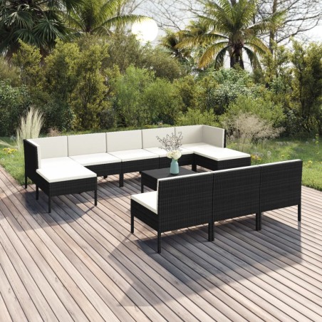 vidaXL Set muebles de jardín 11 pzas y cojines ratán sintético negro
