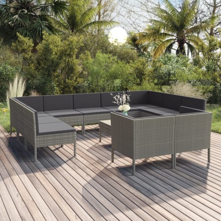 vidaXL Set de muebles de jardín 12 pzas y cojines ratán sintético gris