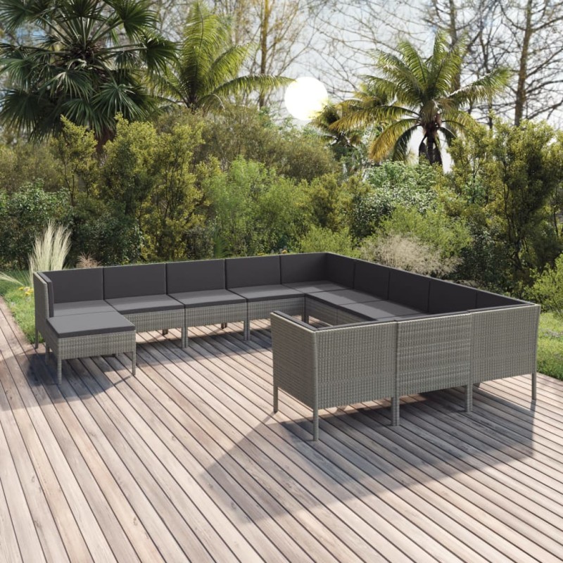 vidaXL Set de muebles de jardín 12 pzas y cojines ratán sintético gris vidaXL Set de muebles de jardín 12 pzas y cojines ratán sintético gris