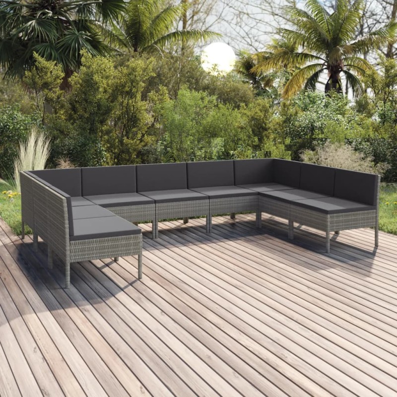 vidaXL Set de muebles de jardín 9 pzas y cojines ratán sintético gris vidaXL Set de muebles de jardín 9 pzas y cojines ratán sintético gris