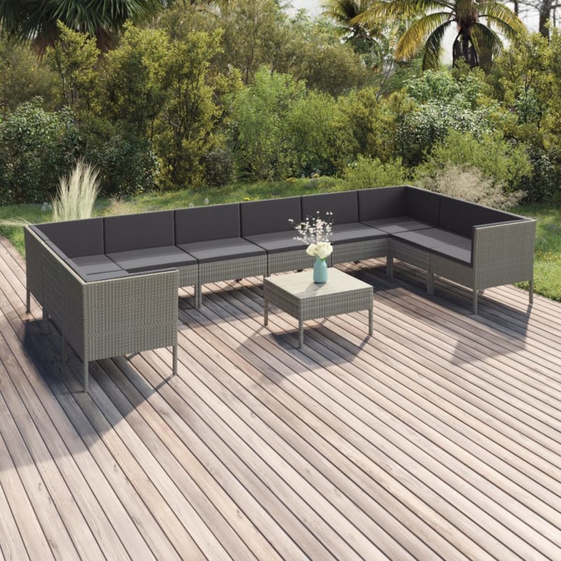 vidaXL Set de muebles de jardín 11 pzas y cojines ratán sintético gris vidaXL Set de muebles de jardín 11 pzas y cojines ratán sintético gris