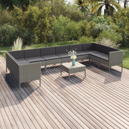vidaXL Set de muebles de jardín 11 pzas y cojines ratán sintético gris