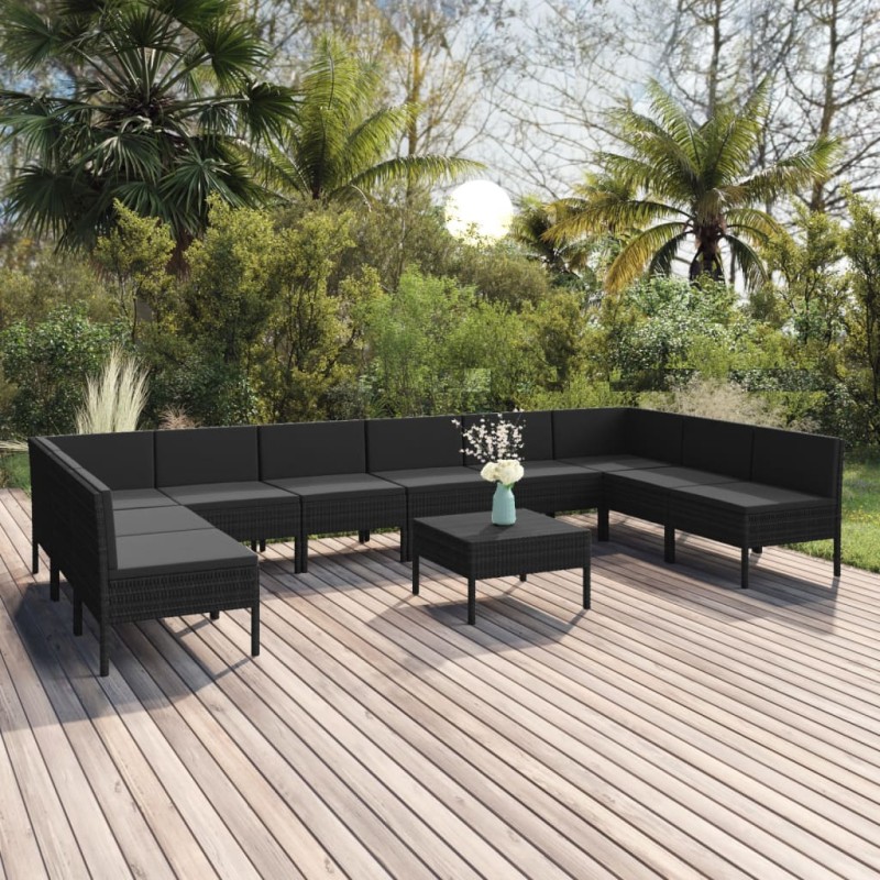 vidaXL Set de muebles de jardín 11 pzas cojines ratán sintético negro vidaXL Set de muebles de jardín 11 pzas cojines ratán sintético negro