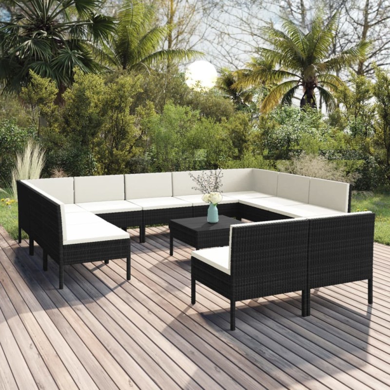 vidaXL Set muebles de jardín 12 pzas y cojines ratán sintético negro vidaXL Set muebles de jardín 12 pzas y cojines ratán sintético negro
