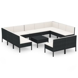 vidaXL Set muebles de jardín 12 pzas y cojines ratán sintético negro