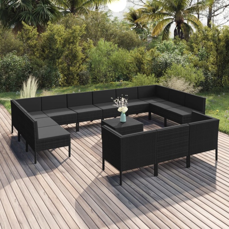 vidaXL Set de muebles de jardín 14 pzas cojines ratán sintético negro