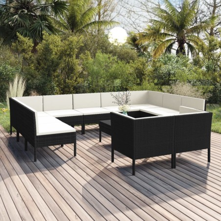 vidaXL Set de muebles de jardín 12 pzas cojines ratán sintético negro