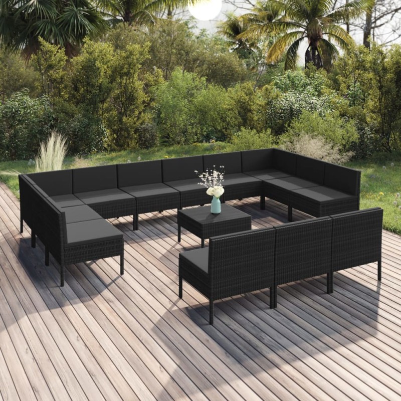 vidaXL Set de muebles de jardín 14 pzas cojines ratán sintético negro
