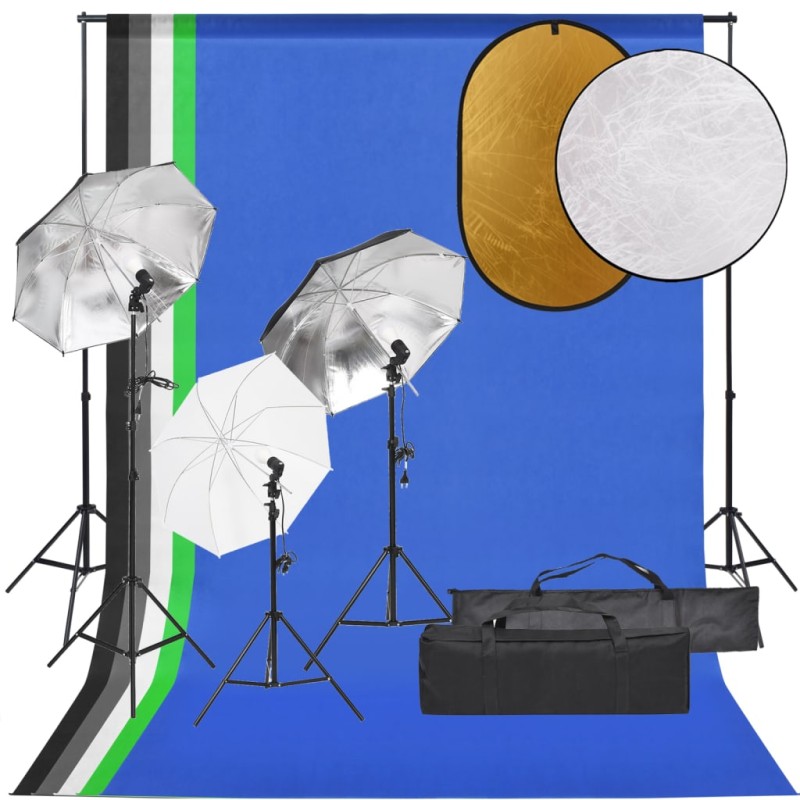 vidaXL Kit de estudio fotográfico con set de luces, fondo y reflector vidaXL Kit de estudio fotográfico con set de luces, fondo y reflector