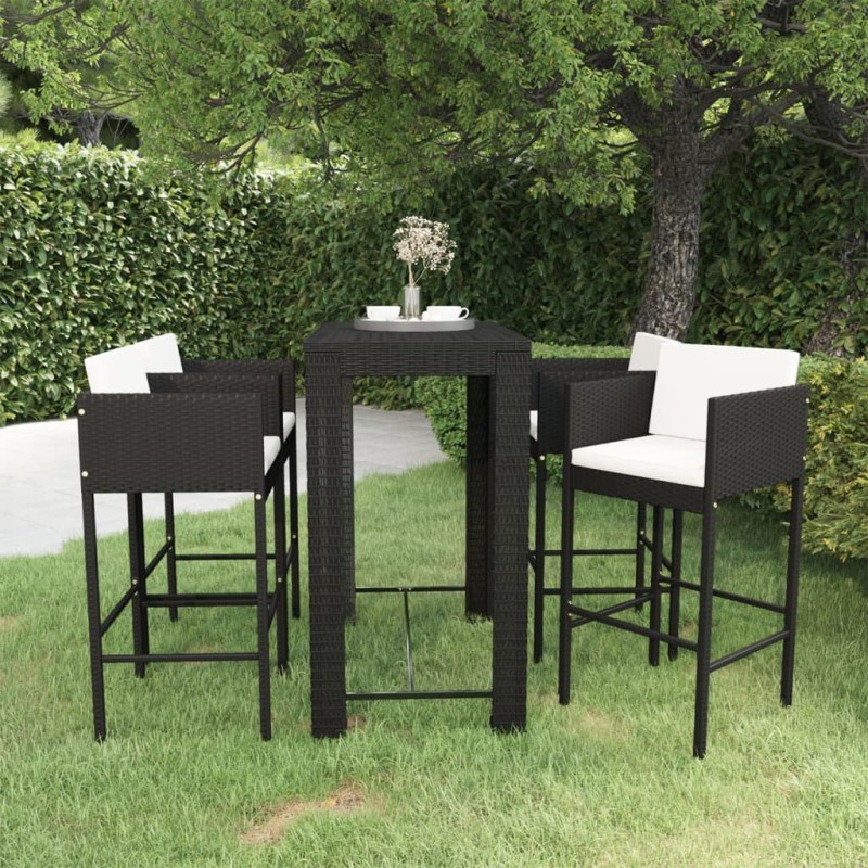 vidaXL Set muebles bar jardín 5 piezas y cojines ratán sintético negro