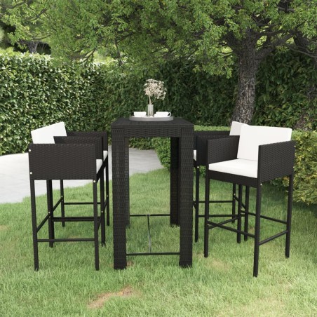 vidaXL Set muebles bar jardín 5 piezas y cojines ratán sintético negro