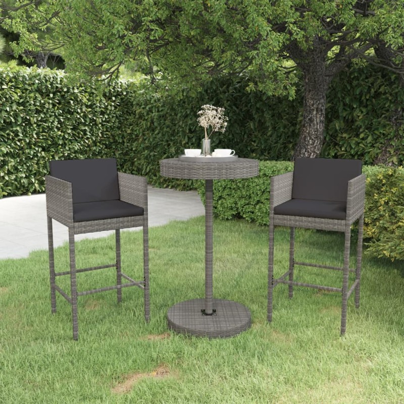 vidaXL Set muebles bar jardín 3 piezas y cojines ratán sintético gris vidaXL Set muebles bar jardín 3 piezas y cojines ratán sintético gris