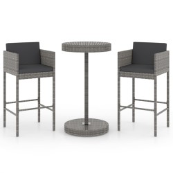 vidaXL Set muebles bar jardín 3 piezas y cojines ratán sintético gris