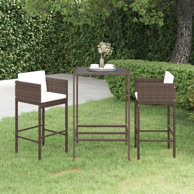 vidaXL Set de bar de jardín 3 piezas y cojines ratán sintético marrón vidaXL Set de bar de jardín 3 piezas y cojines ratán sintético marrón