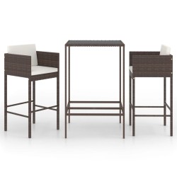 vidaXL Set de bar de jardín 3 piezas y cojines ratán sintético marrón