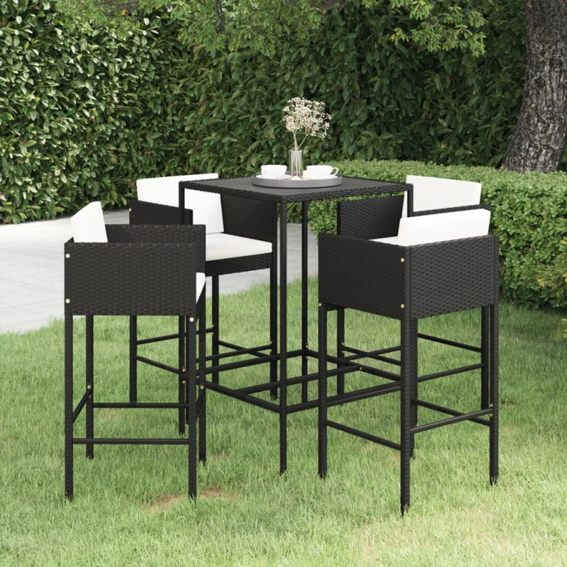 vidaXL Set de bar de jardín 5 pzas y cojines ratán sintético negro vidaXL Set de bar de jardín 5 pzas y cojines ratán sintético negro