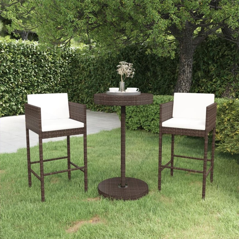 vidaXL Set de bar de jardín 3 piezas y cojines ratán sintético marrón vidaXL Set de bar de jardín 3 piezas y cojines ratán sintético marrón