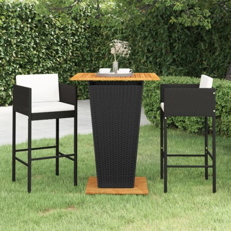 vidaXL Set muebles bar jardín 3 piezas y cojines ratán sintético negro