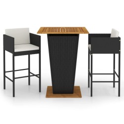 vidaXL Set muebles bar jardín 3 piezas y cojines ratán sintético negro