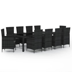 vidaXL Juego de comedor de jardín 11 pzas con cojines ratán PE negro