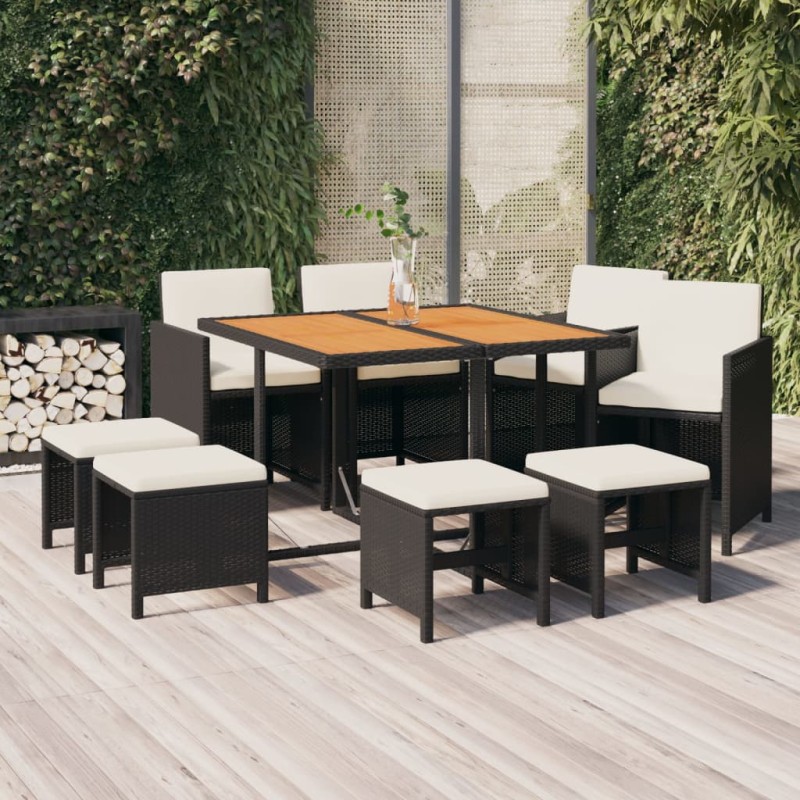 vidaXL Set de comedor de jardín 9 pzas y cojines ratán sintético negro vidaXL Set de comedor de jardín 9 pzas y cojines ratán sintético negro