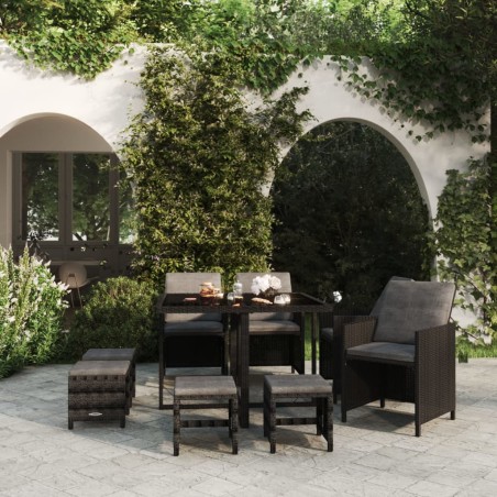vidaXL Set de comedor de jardín 9 pzas y cojines ratán sintético negro