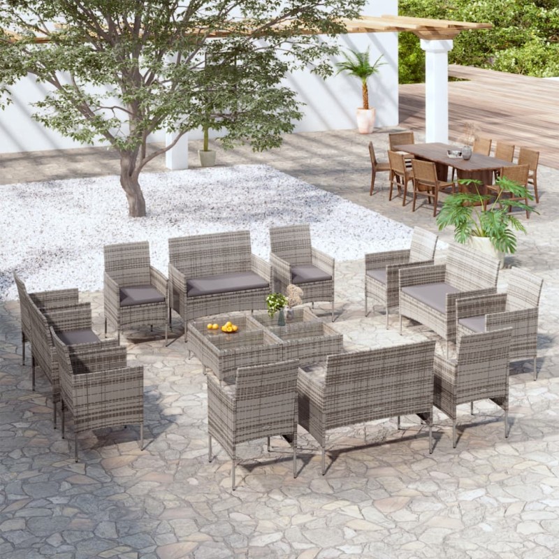 vidaXL Set de muebles de jardín 16 pzas y cojines ratán sintético gris vidaXL Set de muebles de jardín 16 pzas y cojines ratán sintético gris