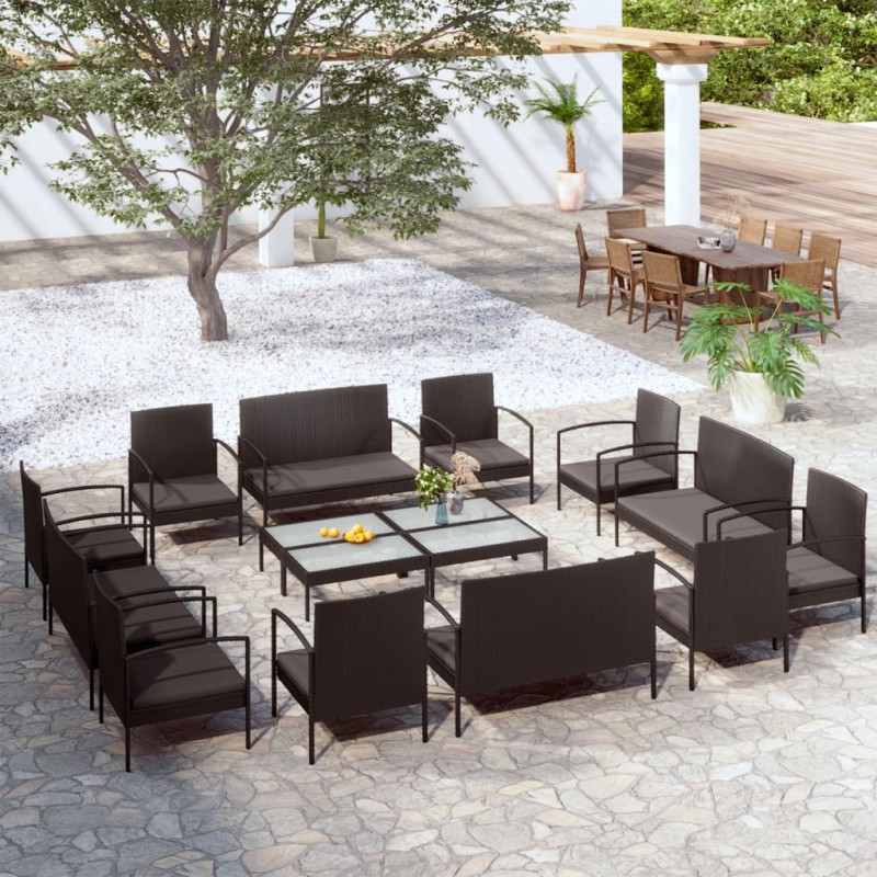 vidaXL Set muebles de jardín 16 piezas y cojines ratán sintético negro vidaXL Set muebles de jardín 16 piezas y cojines ratán sintético negro