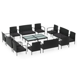 vidaXL Set muebles de jardín 16 piezas y cojines ratán sintético negro