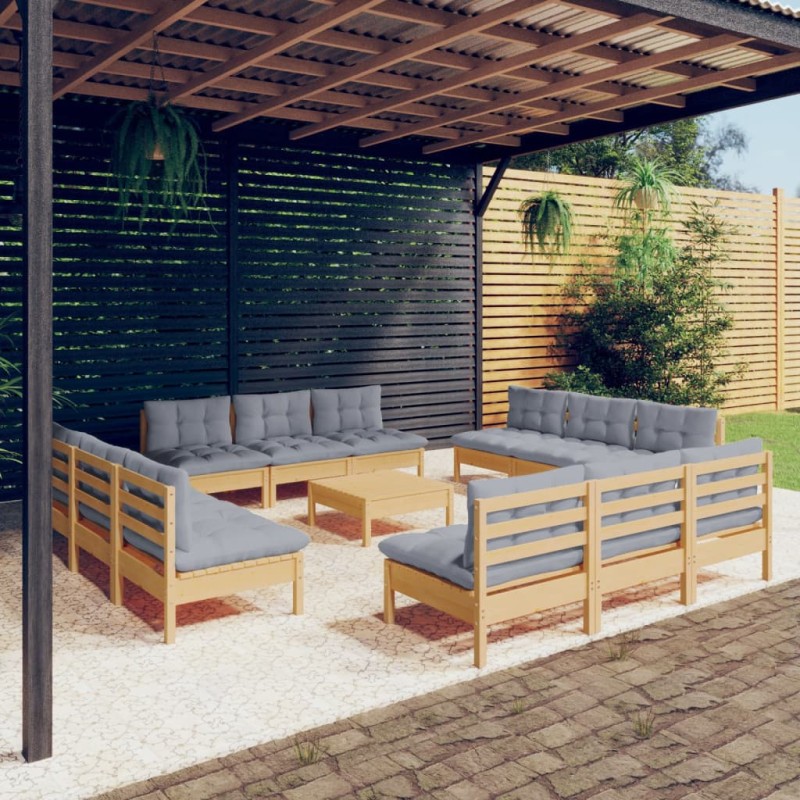 vidaXL Juego de muebles de jardín 13 pzas y cojines madera pino gris vidaXL Juego de muebles de jardín 13 pzas y cojines madera pino gris
