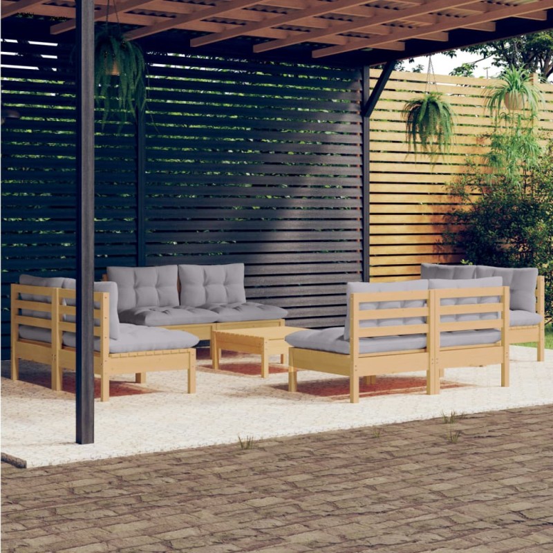 vidaXL Juego de muebles de jardín 9 pzas y cojines madera pino gris vidaXL Juego de muebles de jardín 9 pzas y cojines madera pino gris