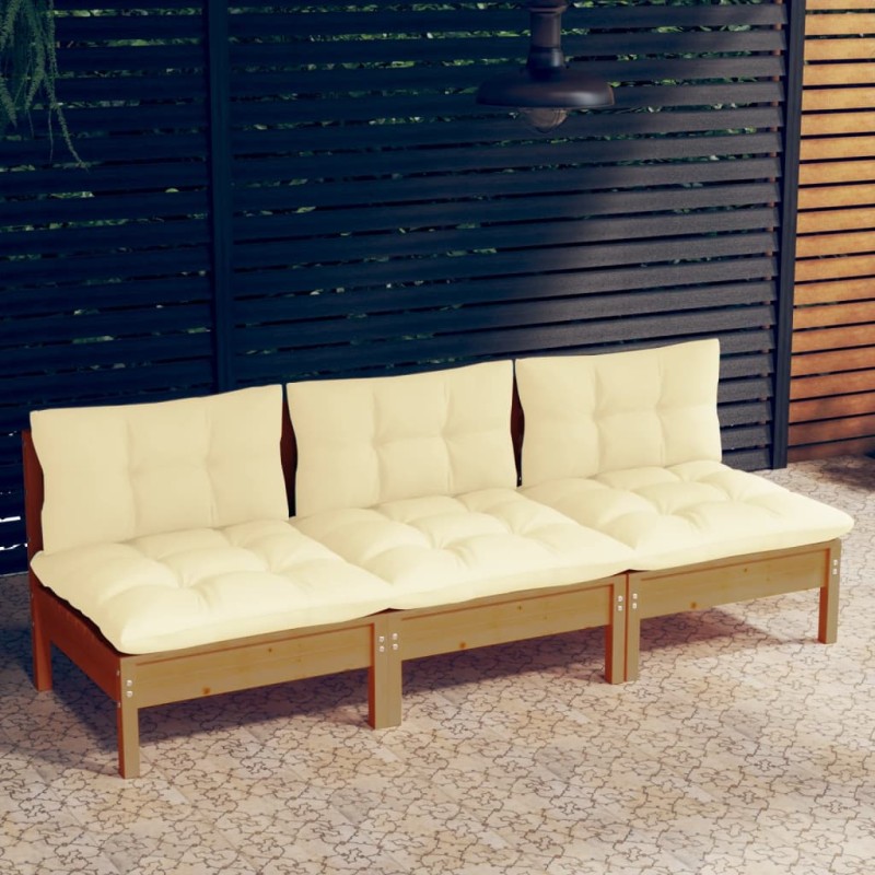vidaXL Sofá de jardín de 3 plazas con cojines madera maciza pino crema vidaXL Sofá de jardín de 3 plazas con cojines madera maciza pino crema