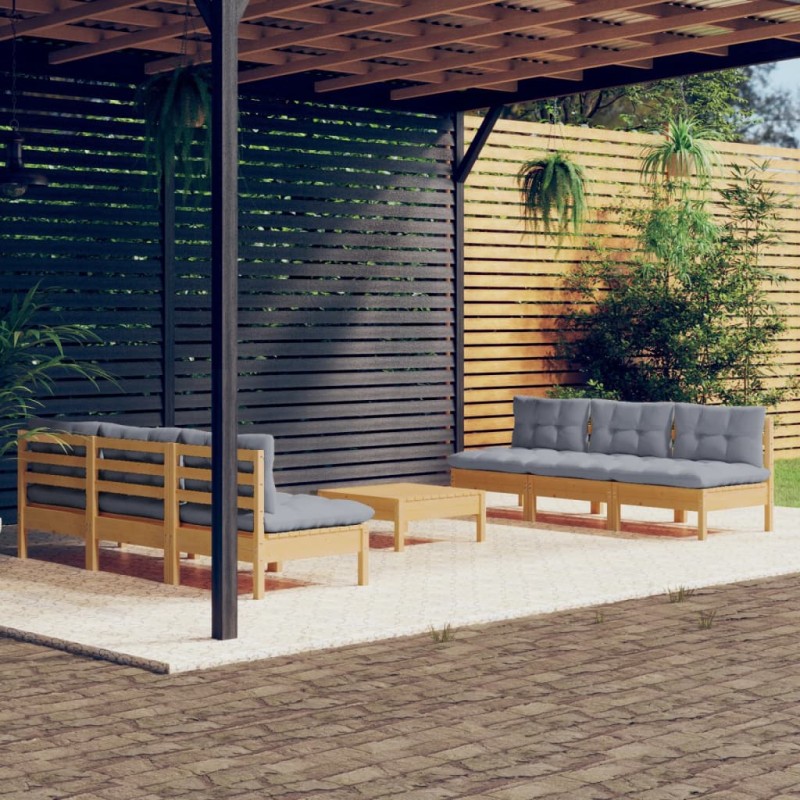 vidaXL Juego de muebles de jardín 7 pzas y cojines madera pino gris vidaXL Juego de muebles de jardín 7 pzas y cojines madera pino gris