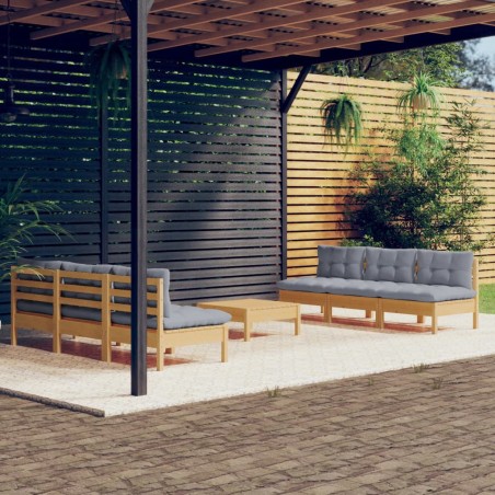 vidaXL Juego de muebles de jardín 7 pzas y cojines madera pino gris