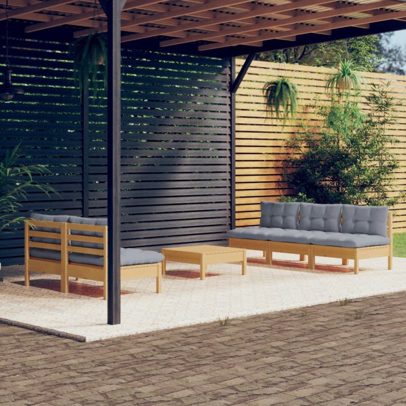 vidaXL Juego de muebles de jardín 6 pzas y cojines madera pino gris