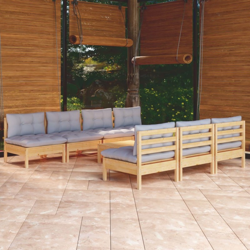 vidaXL Juego de muebles de jardín 8 pzas y cojines madera pino gris vidaXL Juego de muebles de jardín 8 pzas y cojines madera pino gris