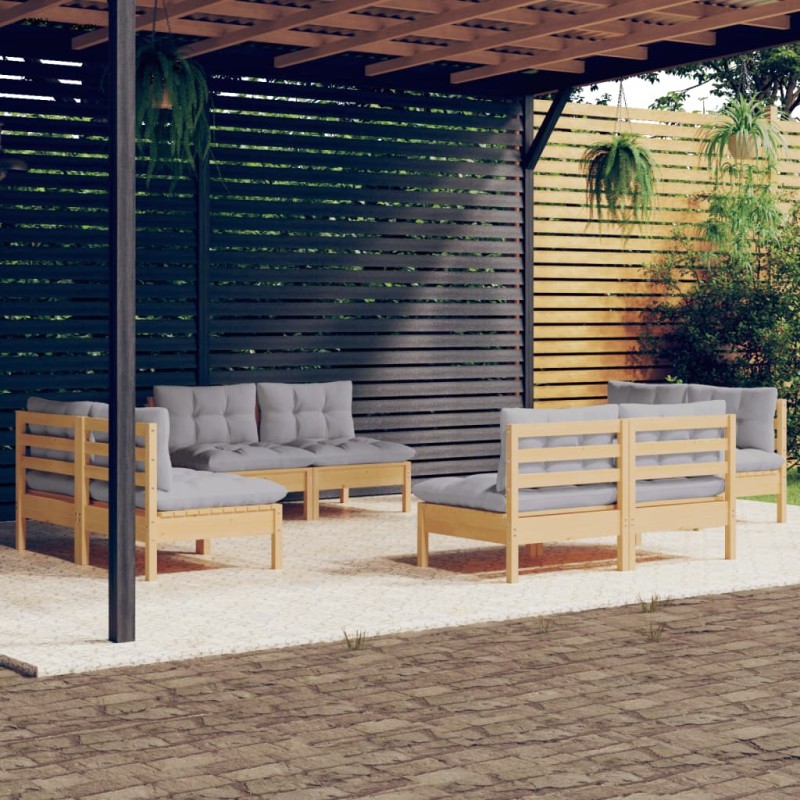 vidaXL Juego de muebles de jardín 8 pzas y cojines madera pino gris